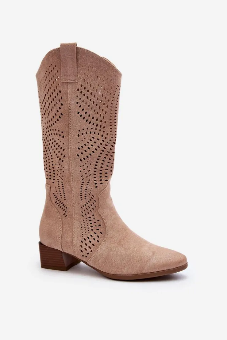 Online Buty damskie Vinceza Ażurowe Kozaki Na Niskim Obcasie Beżowe Walea