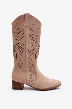 Online Buty damskie Vinceza Ażurowe Kozaki Na Niskim Obcasie Beżowe Walea