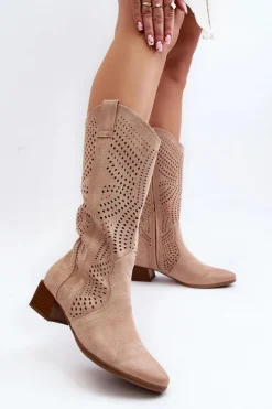 Online Buty damskie Vinceza Ażurowe Kozaki Na Niskim Obcasie Beżowe Walea