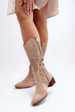 Online Buty damskie Vinceza Ażurowe Kozaki Na Niskim Obcasie Beżowe Walea