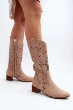 Online Buty damskie Vinceza Ażurowe Kozaki Na Niskim Obcasie Beżowe Walea