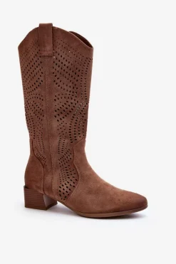 Damskie Buty damskie Vinceza Ażurowe Kozaki Na Niskim Obcasie Brązowe Walea