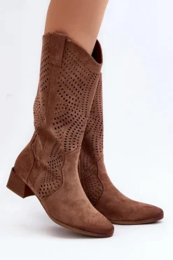 Damskie Buty damskie Vinceza Ażurowe Kozaki Na Niskim Obcasie Brązowe Walea