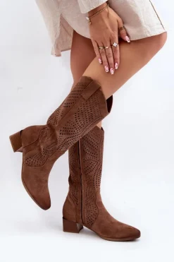 Damskie Buty damskie Vinceza Ażurowe Kozaki Na Niskim Obcasie Brązowe Walea