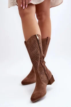 Damskie Buty damskie Vinceza Ażurowe Kozaki Na Niskim Obcasie Brązowe Walea