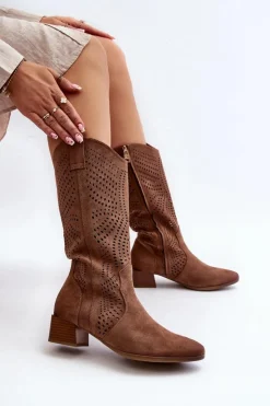 Damskie Buty damskie Vinceza Ażurowe Kozaki Na Niskim Obcasie Brązowe Walea