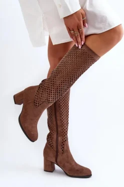 Hot Boto Ażurowe Kozaki Na Obcasie Zamszowe Brązowe Jolenna