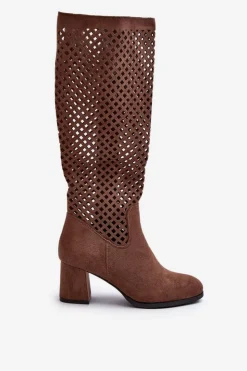 Hot Boto Ażurowe Kozaki Na Obcasie Zamszowe Brązowe Jolenna