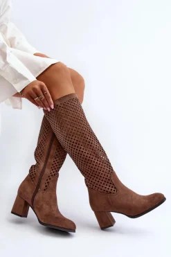 Hot Boto Ażurowe Kozaki Na Obcasie Zamszowe Brązowe Jolenna
