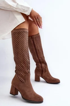 Hot Boto Ażurowe Kozaki Na Obcasie Zamszowe Brązowe Jolenna