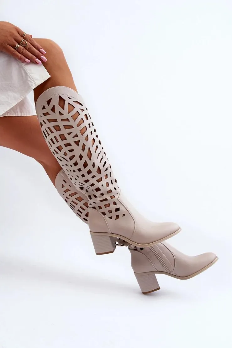 Sale Boto Ażurowe Kozaki Na Obcasie Beżowe Pinkema