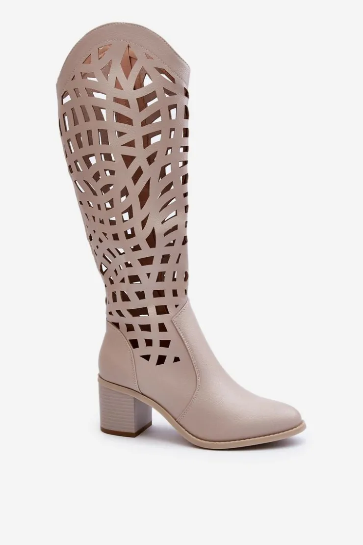 Sale Boto Ażurowe Kozaki Na Obcasie Beżowe Pinkema