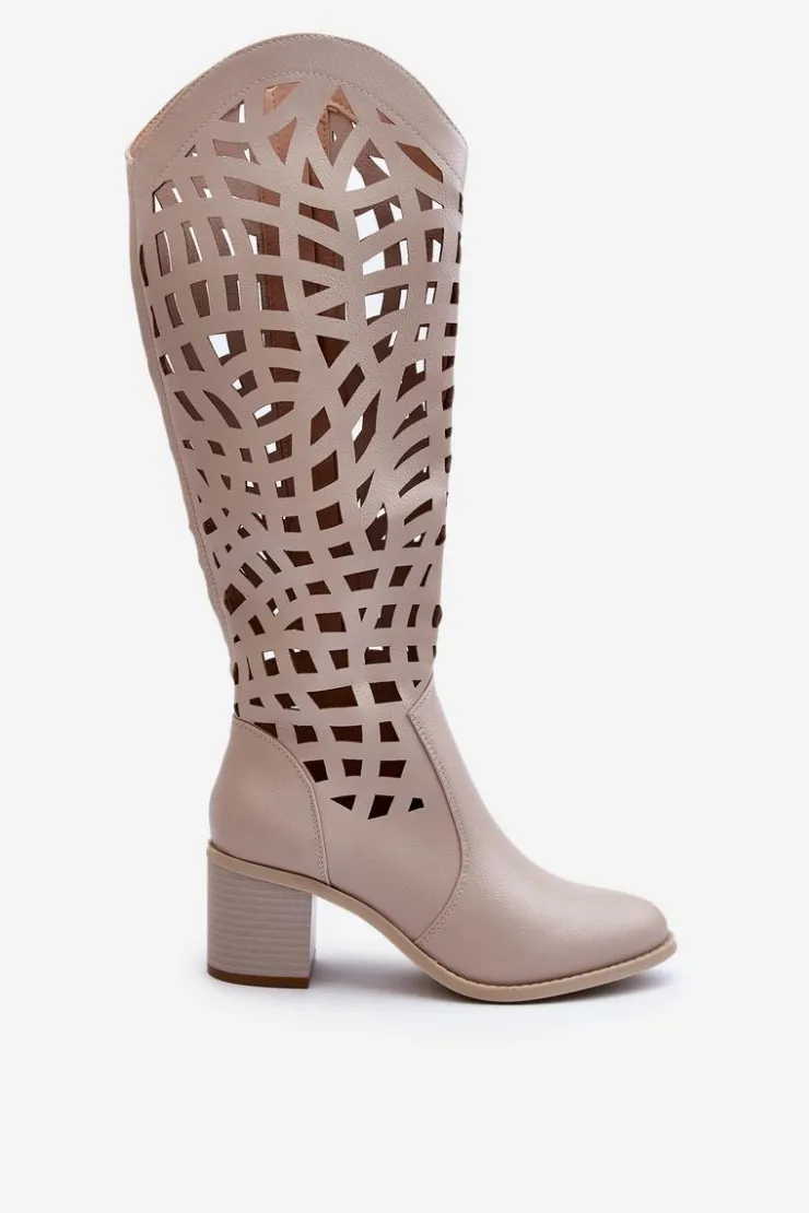 Sale Boto Ażurowe Kozaki Na Obcasie Beżowe Pinkema