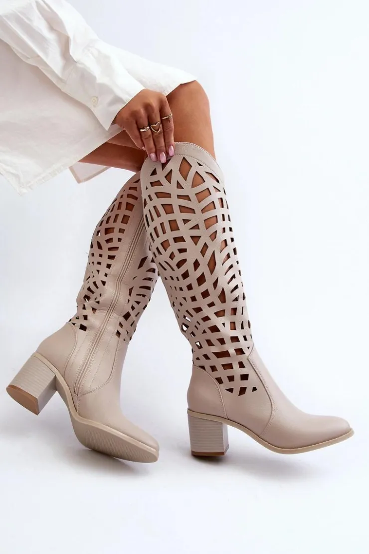 Sale Boto Ażurowe Kozaki Na Obcasie Beżowe Pinkema