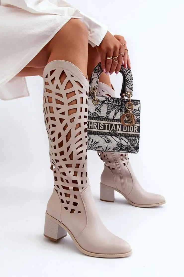 Sale Boto Ażurowe Kozaki Na Obcasie Beżowe Pinkema