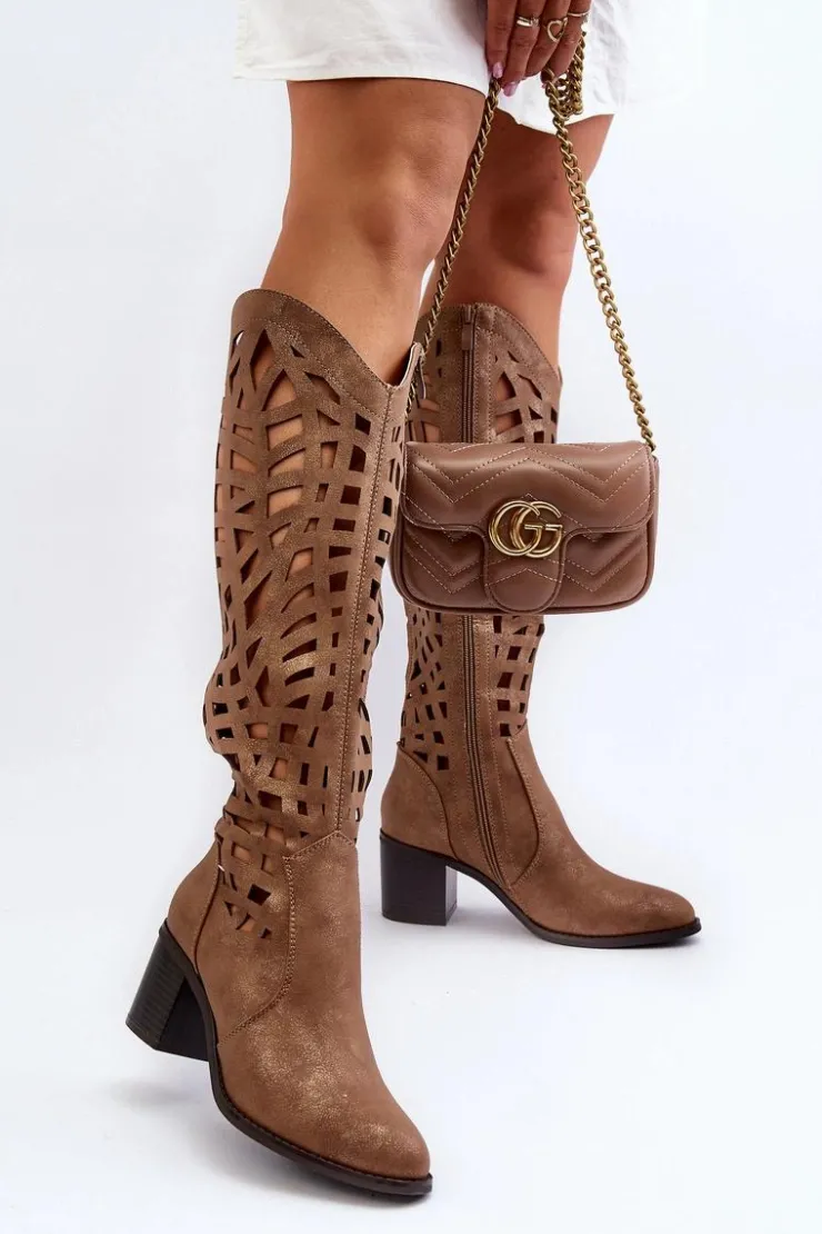 Boto Kozaki Wiosenne|Kozaki Ażurowe*Ażurowe Kozaki Na Obcasie Brązowe Pinkema