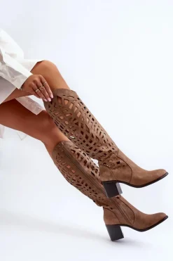 Boto Kozaki Wiosenne|Kozaki Ażurowe*Ażurowe Kozaki Na Obcasie Brązowe Pinkema
