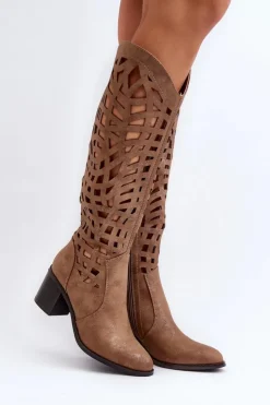 Boto Kozaki Wiosenne|Kozaki Ażurowe*Ażurowe Kozaki Na Obcasie Brązowe Pinkema