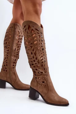 Boto Kozaki Wiosenne|Kozaki Ażurowe*Ażurowe Kozaki Na Obcasie Brązowe Pinkema