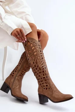 Boto Kozaki Wiosenne|Kozaki Ażurowe*Ażurowe Kozaki Na Obcasie Brązowe Pinkema