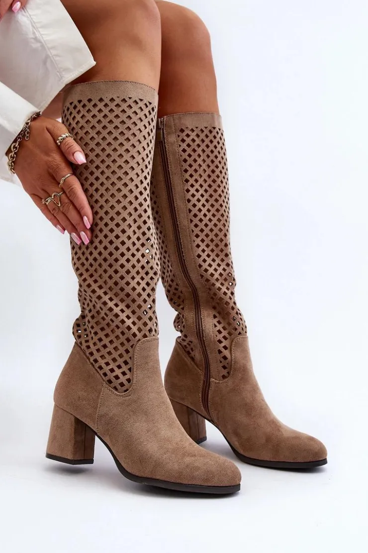 Boto Kozaki Wiosenne|Kozaki Ażurowe*Ażurowe Kozaki Na Obcasie Zamszowe Beżowe Jolenna