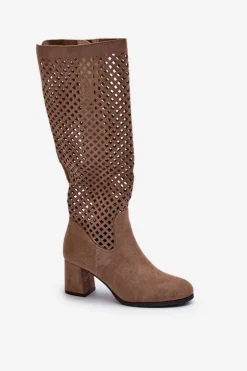 Boto Kozaki Wiosenne|Kozaki Ażurowe*Ażurowe Kozaki Na Obcasie Zamszowe Beżowe Jolenna