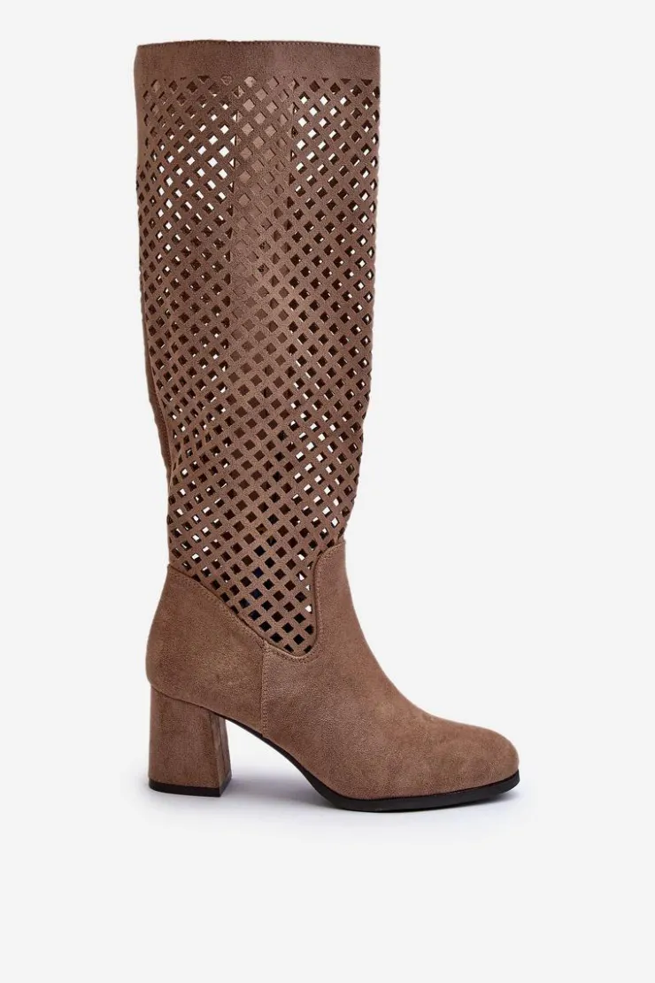 Boto Kozaki Wiosenne|Kozaki Ażurowe*Ażurowe Kozaki Na Obcasie Zamszowe Beżowe Jolenna