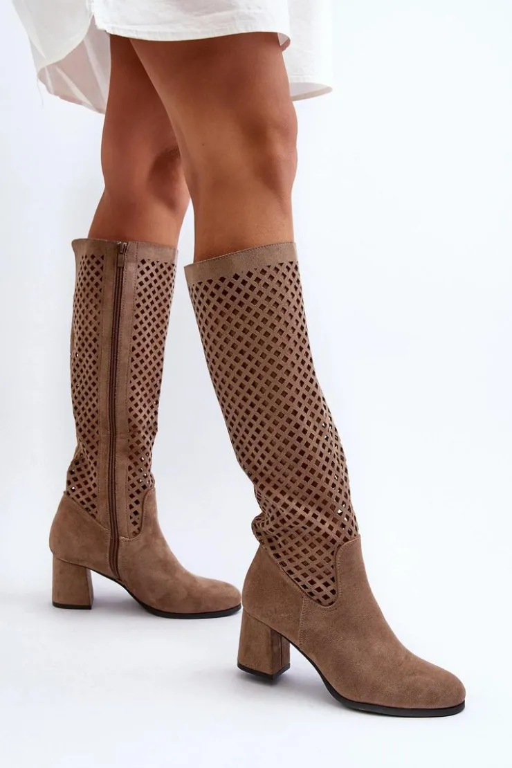 Boto Kozaki Wiosenne|Kozaki Ażurowe*Ażurowe Kozaki Na Obcasie Zamszowe Beżowe Jolenna