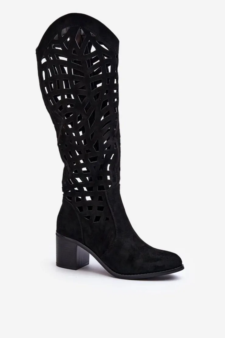 Damskie Boto Ażurowe Kozaki Na Obcasie Czarne Pinkema