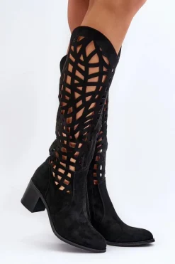 Damskie Boto Ażurowe Kozaki Na Obcasie Czarne Pinkema