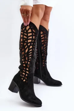 Damskie Boto Ażurowe Kozaki Na Obcasie Czarne Pinkema