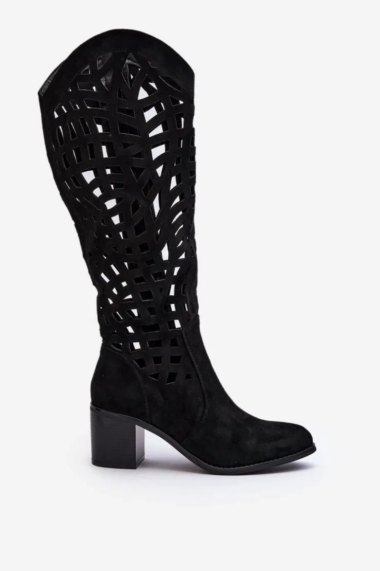 Damskie Boto Ażurowe Kozaki Na Obcasie Czarne Pinkema
