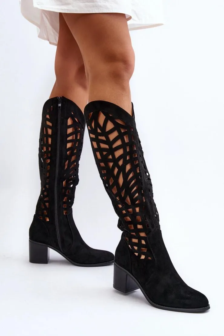 Damskie Boto Ażurowe Kozaki Na Obcasie Czarne Pinkema