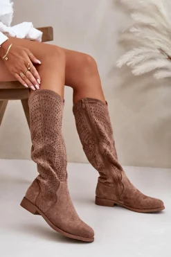 Damskie buty S.Barski Kozaki Wiosenne|Kozaki Ażurowe*Ażurowe Kozaki Na Płaskim Obcasie Brązowe S.Barski HY42-150