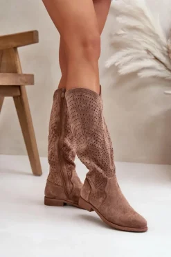 Damskie buty S.Barski Kozaki Wiosenne|Kozaki Ażurowe*Ażurowe Kozaki Na Płaskim Obcasie Brązowe S.Barski HY42-150