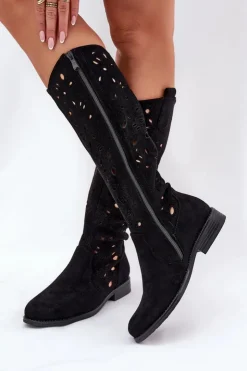 Damskie Damskie buty S.Barski Ażurowe Kozaki Na Płaskim Obcasie HY51-176 Czarne