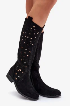 Damskie Damskie buty S.Barski Ażurowe Kozaki Na Płaskim Obcasie HY51-176 Czarne