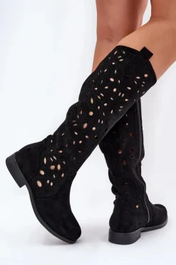 Damskie Damskie buty S.Barski Ażurowe Kozaki Na Płaskim Obcasie HY51-176 Czarne
