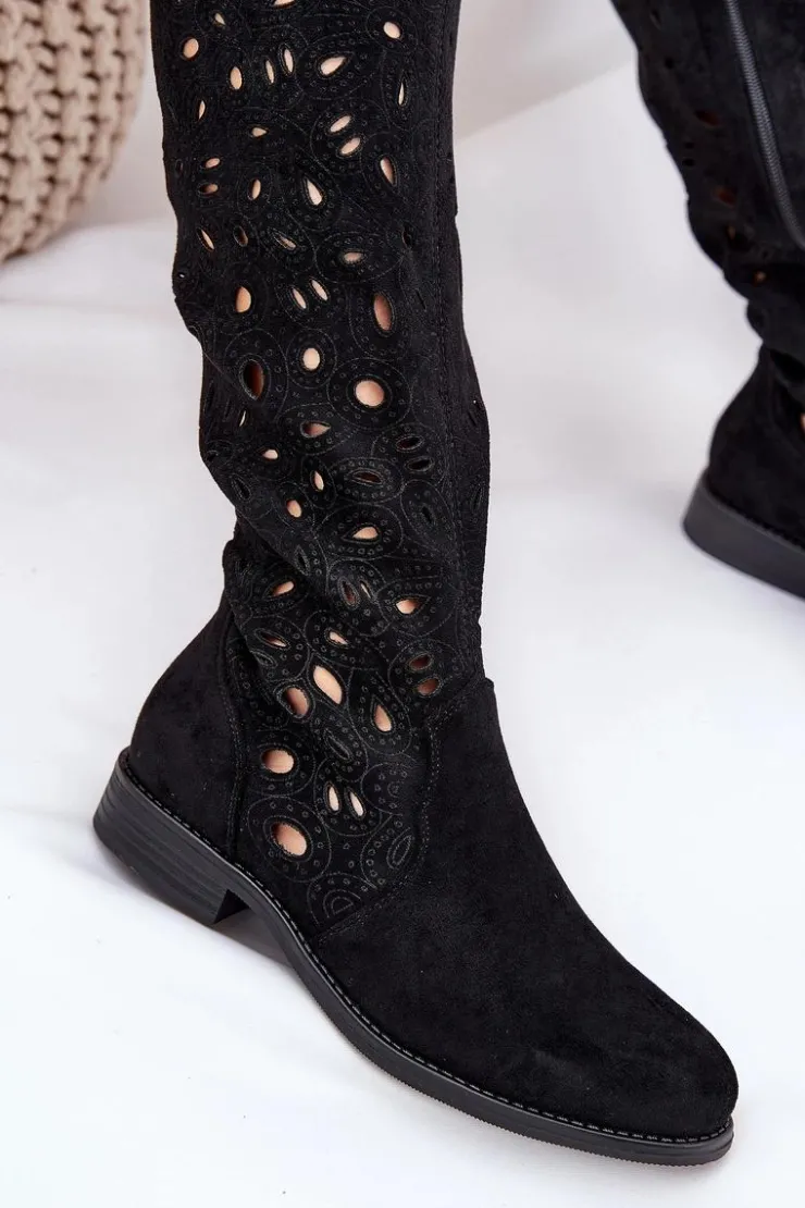 Damskie Damskie buty S.Barski Ażurowe Kozaki Na Płaskim Obcasie HY51-176 Czarne