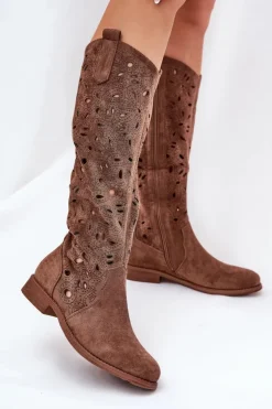 Damskie buty S.Barski Ażurowe Kozaki Na Płaskim Obcasie HY51-176 Brązowe