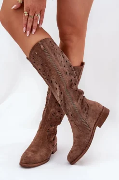 Damskie buty S.Barski Ażurowe Kozaki Na Płaskim Obcasie HY51-176 Brązowe
