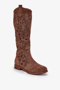 Damskie buty S.Barski Ażurowe Kozaki Na Płaskim Obcasie HY51-176 Brązowe