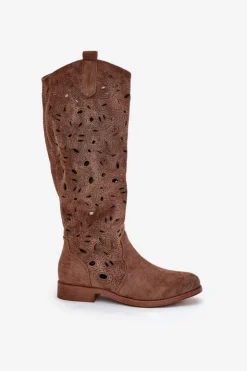 Damskie buty S.Barski Ażurowe Kozaki Na Płaskim Obcasie HY51-176 Brązowe