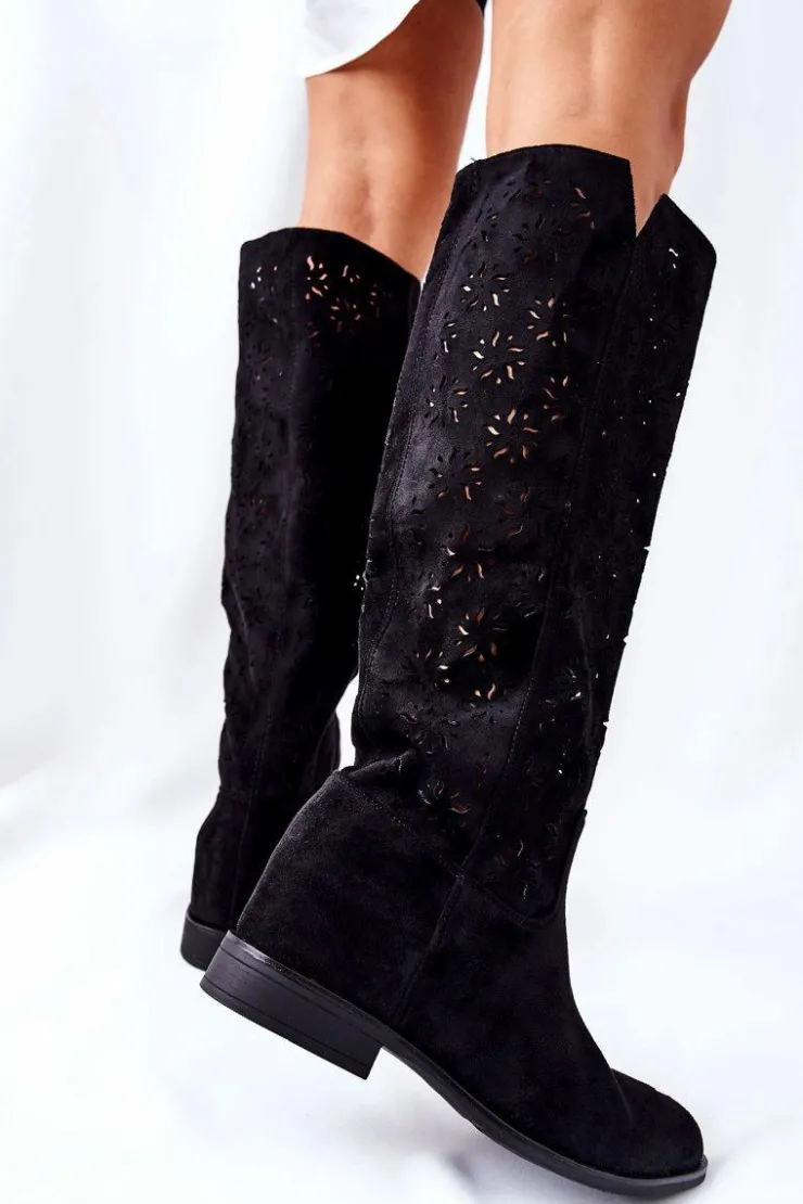 Damskie Boto Ażurowe Kozaki Na Ukrytym Koturnie Czarne Lara