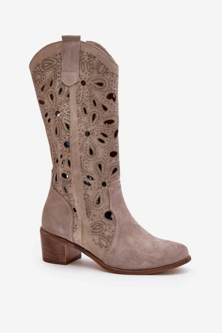 Damskie Boto Ażurowe Kozaki Zamszowe Lewski Shoes 3170 Cappucino