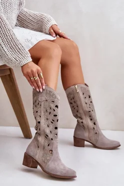 Damskie Boto Ażurowe Kozaki Zamszowe Lewski Shoes 3170 Cappucino