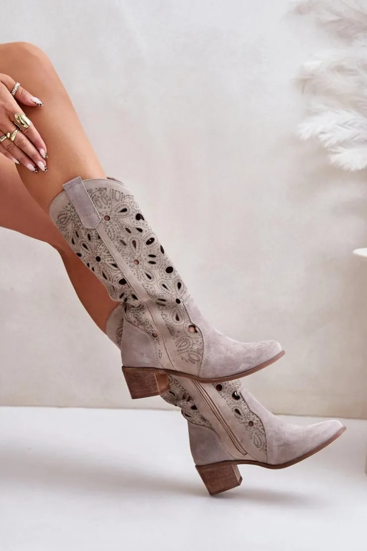 Damskie Boto Ażurowe Kozaki Zamszowe Lewski Shoes 3170 Cappucino