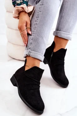 Boto Czarne Botki|Botki Płaskie*Ażurowe Marszczone Botki Czarne Cynthia