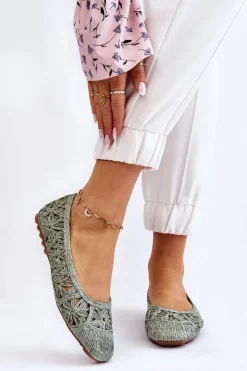 Boto Baleriny Klasyczne*Ażurowe Modne Baleriny Zielone Thiago