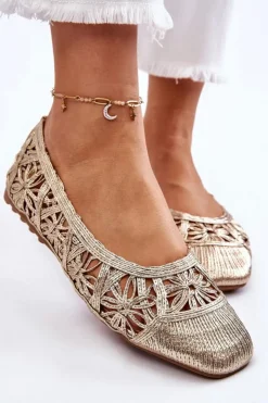 Boto Baleriny Klasyczne*Ażurowe Modne Baleriny Złote Thiago